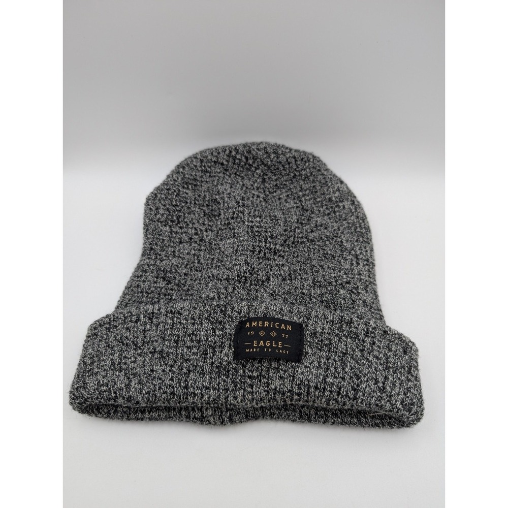 American Eagle Mens AE Wool Blend Beanie Hat AEO Skull Heather Gray Black